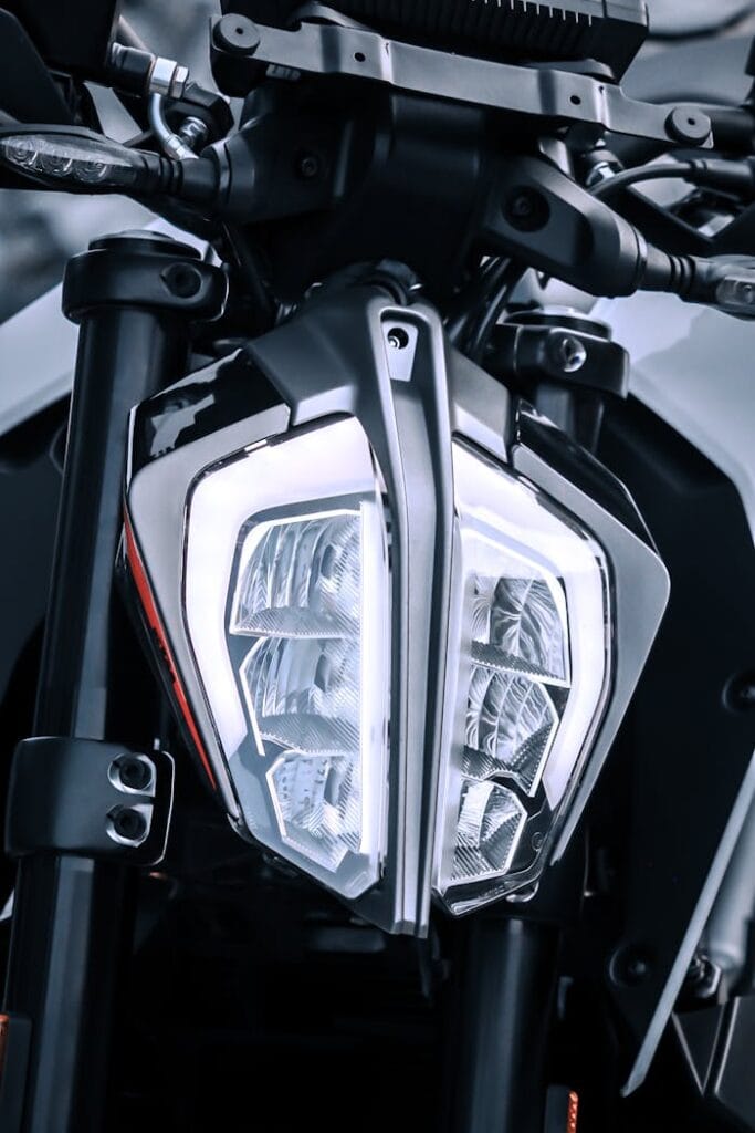 Detailed view of a futuristic motorcycle headlight design.